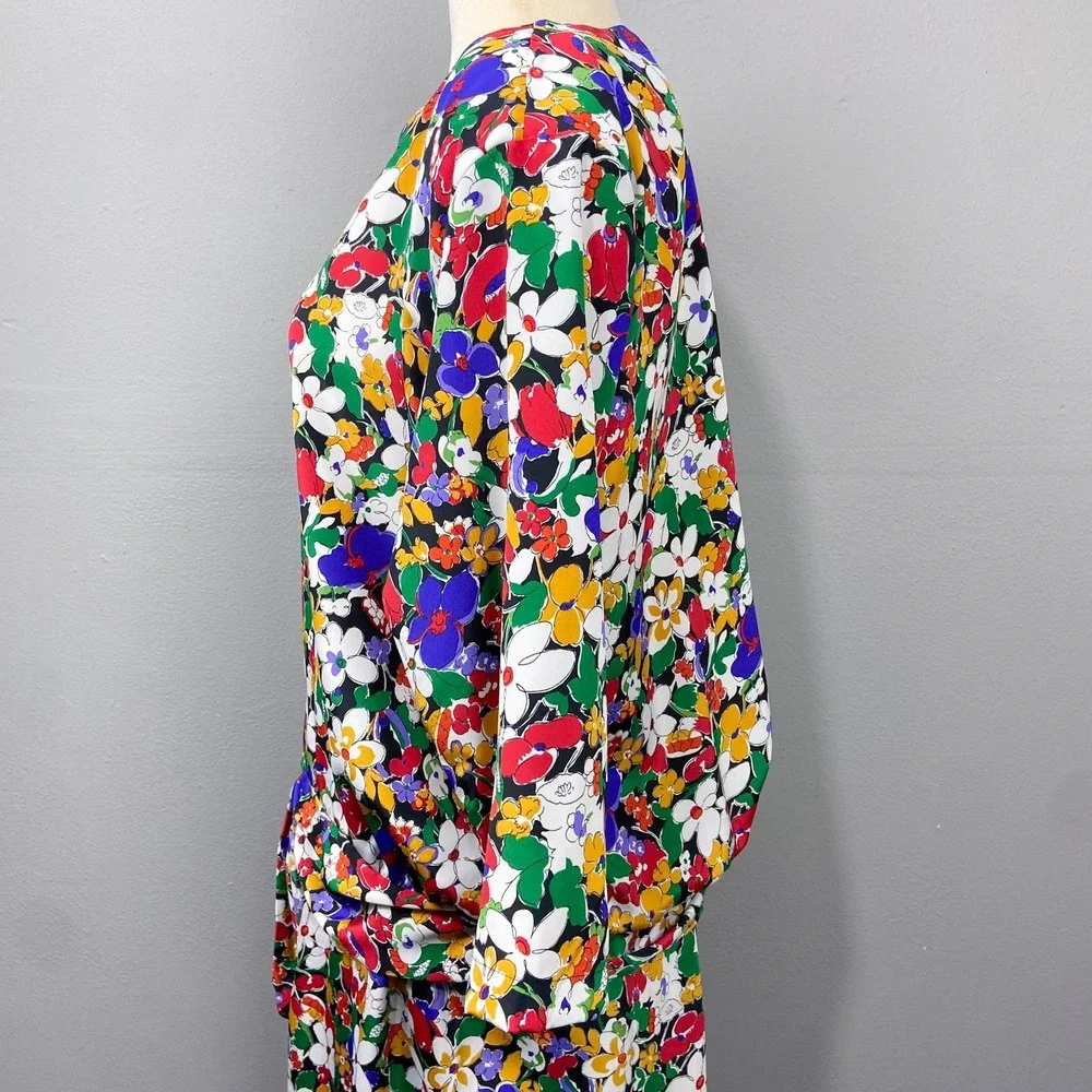 Vintage Cos Cob Floral Dress Size L Colorful Flowers Tie Waist Retro 2 Piece Set